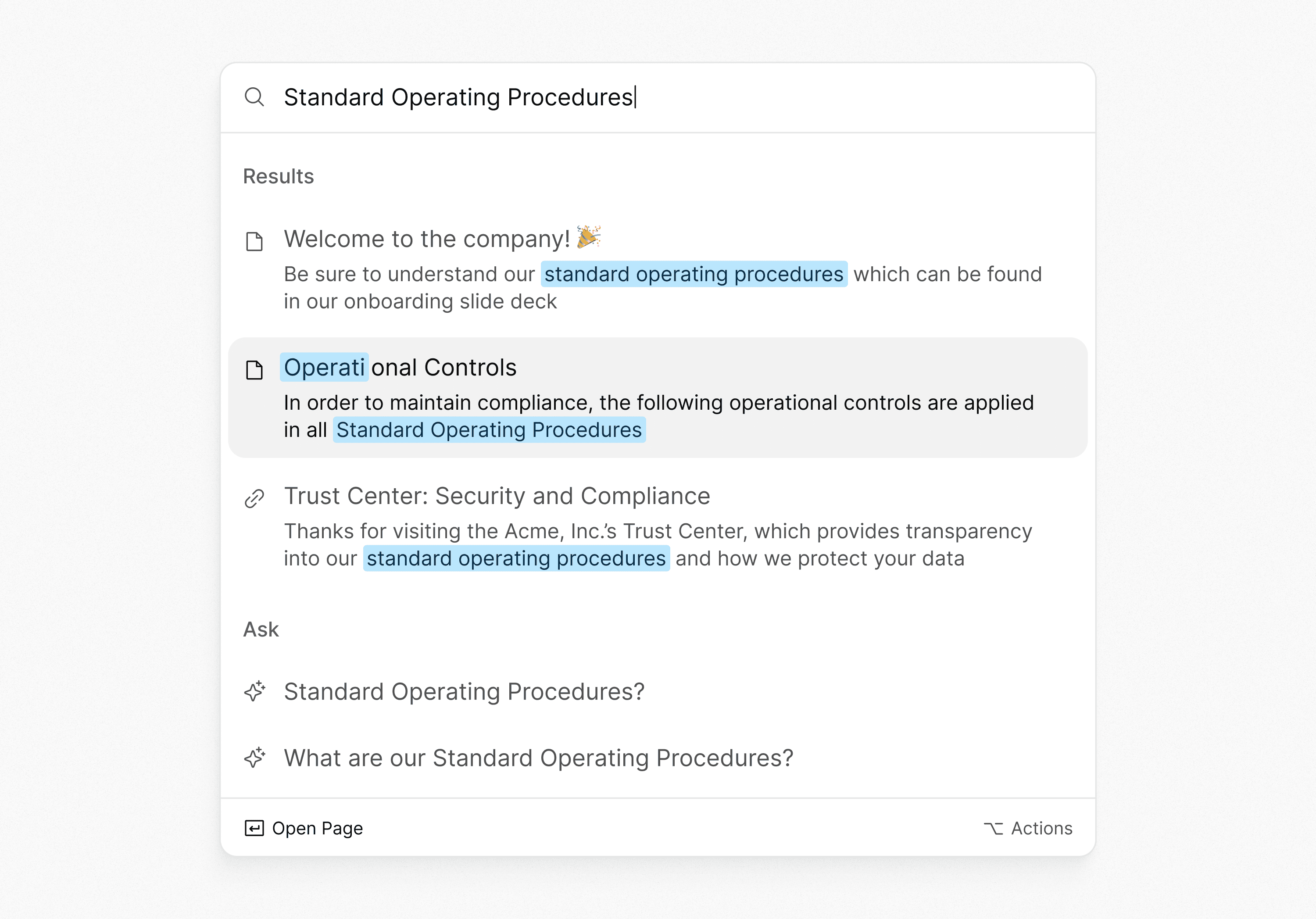 A screenshot of Basewell's ⌘K interface, with deep search and AI queries returning from a search parameter, "Standard Operating Procedures."