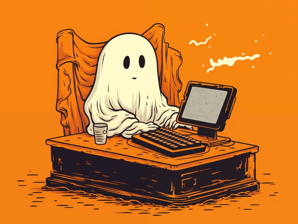 A ghost sitting at a computer